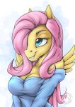 2023 absurd_res anthro anthrofied breasts cleavage clothed clothing digital_drawing_(artwork) digital_media_(artwork) equid equine eyebrows eyelashes female fluttershy_(mlp) friendship_is_magic grin hair hair_over_eye half-length_portrait hasbro hi_res mammal my_little_pony mysticalpha mythological_creature mythological_equine mythology one_eye_obstructed pegasus pink_hair portrait shoulderless_shirt smile solo teal_eyes wings yellow_body