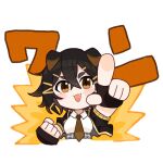  1girl :d absurdres animal_ears arknights black_gloves black_hair black_jacket blush_stickers breasts brown_eyes brown_necktie chibi clenched_hand collared_shirt commentary_request cropped_torso dog_ears fang fingerless_gloves gloves hair_between_eyes highres hiiragi_(hiragi_w_p_e) jacket jackie_(arknights) medium_breasts necktie open_clothes open_jacket pointing pointing_at_viewer puffy_short_sleeves puffy_sleeves shirt short_eyebrows short_sleeves simple_background smile solo thick_eyebrows translation_request upper_body v-shaped_eyebrows white_background white_shirt 