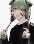  1boy bandaid bandaid_on_face black_shirt fangs green_eyes hair_between_eyes hands_up hat highres holding holding_clothes holding_hat jewelry long_sleeves looking_at_viewer male_focus messy_hair open_mouth original pale_skin pink_hair ring shirt short_hair slit_pupils solo suechimu teeth upper_body upper_teeth_only white_background 