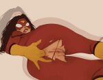  1girl absurdres anal anal_fingering ass biting_own_lip bodysuit brown_hair female_masturbation fingering highres jessica_drew long_hair looking_back lying marvel mask masturbation on_side pussy red_bodysuit solo spider-man_(series) spider-woman superhero_costume tdp torn_bodysuit torn_clothes two-tone_bodysuit yellow_bodysuit 