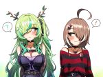  ! 2girls ? ahoge alternate_hairstyle antlers bare_shoulders belt belt_buckle black_belt black_choker black_hair black_ribbon black_sweater blue_hair blush bow breasts brown_eyes brown_hair buckle ceres_fauna ceres_fauna_(4th_costume) chest_harness choker cleavage closed_mouth collarbone commentary ddolbang detached_sleeves dress english_commentary eyelashes flower frown gradient_hair green_hair hair_bow hair_flower hair_intakes hair_ornament hair_over_one_eye hair_ribbon hairclip hairstyle_switch harness heart heart_choker heart_pendant highres hololive hololive_english horns jewelry lace-trimmed_choker lace_sleeves lace_trim large_breasts long_hair long_sleeves looking_at_another multicolored_hair multiple_girls nanashi_mumei nanashi_mumei_(4th_costume) necklace o-ring o-ring_choker off-shoulder_sweater off_shoulder official_alternate_costume one_eye_covered one_side_up parted_bangs pendant pendant_choker purple_bow purple_dress purple_ribbon red_sweater ribbon short_hair sidelocks sideways_glance simple_background smile speech_bubble spoken_exclamation_mark spoken_question_mark strapless strapless_dress streaked_hair striped_clothes striped_sweater sweater swept_bangs torn_clothes torn_sweater tree_horns two-tone_sweater upper_body very_long_hair virtual_youtuber white_background white_flower white_hair yellow_eyes 