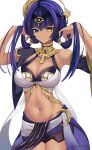  1girl :/ absurdres bare_shoulders black_hairband blue_eyes breasts candace_(genshin_impact) cleavage closed_mouth dark-skinned_female dark_skin detached_sleeves egyptian_clothes eye_of_horus genshin_impact gold_trim hair_intakes hair_ornament hairband hands_up heterochromia highres jewelry large_breasts legs_together looking_at_viewer navel neck_ring purple_hair ritou08 short_hair_with_long_locks simple_background solo stomach twintails twitter_username white_background yellow_eyes 