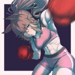  1girl abs alternate_hairstyle animal_ears blue_eyes boxing boxing_gloves breasts commentary_request exercise gloves hair_between_eyes hair_ribbon highres horse_ears horse_girl long_hair looking_at_viewer midriff navel ohmi-wisteria open_mouth ponytail red_gloves ribbon shaded_face shadow shorts simple_background solo sports_bra sportswear standing stomach tank_top thick_eyebrows umamusume wonder_acute_(umamusume) 