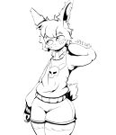 :&lt; absurd_res anthro artist_name black_and_white blush bottomwear clothed clothing digital_media_(artwork) eyebrow_through_hair eyebrows fully_clothed girly hair hands_behind_head hi_res inner_ear_fluff jacky_(goshblox) justbirb lagomorph leporid male mammal monochrome pawpads pear-shaped_figure portrait rabbit scut_tail short_tail shorts simple_background solo standing sweater tail thick_thighs three-quarter_portrait three-quarter_view topwear translucent translucent_hair tuft white_background wide_hips