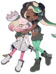  2girls :d :o black_footwear black_gloves black_hair blush boots closed_eyes crop_top crown dark-skinned_female dark_skin fingerless_gloves full_body furrowed_brow gloves gradient_hair green_hair green_pantyhose headphones highres hug inkling jacket lat_latte71 long_hair marina_(splatoon) mole mole_under_mouth multicolored_hair multiple_girls navel_piercing octoling pantyhose pearl_(splatoon) piercing pink_hair pink_pantyhose short_hair simple_background smile splatoon_(series) splatoon_2 standing star-shaped_pupils star_(symbol) symbol-shaped_pupils tentacle_hair thick_eyebrows two-tone_hair white_background white_footwear white_hair white_jacket yellow_eyes yellow_pupils zipper zipper_pull_tab 