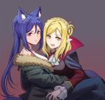  2girls animal_ear_fluff animal_ears ascot blonde_hair blood blood_in_mouth breasts closed_mouth coat commentary_request frilled_sleeves frills fur-trimmed_jacket fur_trim gradient_background green_jacket highres jacket long_hair long_sleeves looking_at_viewer love_live! love_live!_sunshine!! matsuura_kanan medium_breasts medium_hair multiple_girls nyasa off_shoulder ohara_mari open_mouth parted_bangs pointy_ears ponytail purple_coat purple_eyes purple_hair purple_jacket purple_nails shirt sidelocks single_hair_ring sleeveless sleeveless_shirt slit_pupils white_ascot white_shirt wolf_ears yellow_eyes yuri 