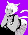  1girl animal_ears artist_name breasts cat_ears cat_tail chest_tattoo cutoffs facial_mark final_fantasy final_fantasy_xiv grey_eyes highres koyorin leaning_forward leg_tattoo medium_breasts miqo&#039;te monochrome neck_tattoo one_eye_closed punk purple_background short_hair short_shorts shorts solo tail tank_top tattoo whisker_markings white_hair y&#039;shtola_rhul 