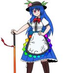  1girl absurdres black_headwear blue_hair blue_skirt blush bow bowtie closed_mouth commentary fleiddairyart hair_between_eyes hand_on_hilt hand_on_own_hip highres hinanawi_tenshi long_hair looking_at_viewer peach_hat_ornament rainbow_order red_bow red_bowtie red_eyes shirt short_sleeves simple_background skirt smile solo sword_of_hisou touhou white_background white_shirt 