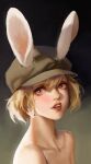  1girl absurdres animal_ears bare_shoulders black_headwear blonde_hair carrot_(one_piece) chinese_commentary commentary_request ears_through_headwear hat highres looking_at_viewer one_piece open_mouth pink_eyes quan_ju rabbit_ears rabbit_girl short_hair solo teeth 