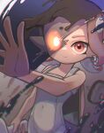 1girl agent_8_(splatoon) azkrock bodysuit brown_hair closed_mouth commentary_request covered_navel glowing glowing_eye highres holding holding_weapon ink_tank_(splatoon) marching_andante medium_hair octoling octoling_girl octoling_player_character pointy_ears red_eyes school_of_fish sleeveless sleeveless_bodysuit splatoon_(series) splatoon_3 splatoon_3:_side_order tentacle_hair weapon white_bodysuit 