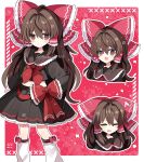  1girl :d alternate_costume black_shirt black_skirt blush bow bow_skirt bowtie brown_eyes brown_hair closed_mouth collar cropped_shirt expressive_clothes frilled_bow frilled_collar frilled_hair_tubes frilled_skirt frills hair_bow hair_tubes hakurei_reimu highres long_hair long_sleeves midriff multiple_views navel pleated_skirt red_background red_bow red_bowtie shirocha_tei shirt skirt smile squiggle touhou very_long_hair 