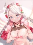  1girl absurdres ahoge artist_name blue_eyes blush braid breasts butterfly_wings capelet commission commissioner_upload fairy_wings fingernails fire_emblem fire_emblem_fates fire_emblem_heroes flower grey_hair hair_vines hairband highres insect_wings large_breasts long_fingernails long_hair looking_at_viewer low_twin_braids low_twintails nail_polish nina_(fire_emblem) nina_(resplendent)_(fire_emblem) nipples non-web_source official_alternate_costume pink_capelet pink_flower pink_nails saliva shiro_font solo tongue tongue_out twin_braids twintails white_flower wings 