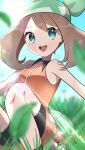  1girl :d absurdres artist_name bandana bangs bare_shoulders black_shorts blue_eyes brown_hair grass green_bandana highres kurumiya_(krmy_p) looking_at_viewer may_(pokemon) on_grass orange_shirt poke_ball pokemon pokemon_(game) pokemon_emerald pokemon_rse shirt shorts sleeveless sleeveless_shirt smile solo teeth twitter_username upper_teeth 