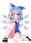  1girl absurdres arm_up bangs blue_bow blue_dress blue_eyes blue_hair blush bow brown_footwear cirno cirno_day collared_shirt crying dress frown full_body furrowed_brow hair_bow head_bump highres ice ice_wings iwakoo mary_janes neck_ribbon open_mouth pinafore_dress puffy_short_sleeves puffy_sleeves red_ribbon ribbon shirt shoes short_dress short_hair short_sleeves simple_background socks solo touhou wavy_mouth white_background white_shirt white_socks wings 