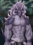 2023 4_horns abs anthro biceps bovid caprine chibikoma clothed clothing demon detailed_background digital_drawing_(artwork) digital_media_(artwork) goat grey_body gull_galeos hi_res horn male mammal multi_horn muscular muscular_anthro muscular_male pecs portrait red_sclera solo the_reincarnation_of_the_strongest_exorcist_in_another_world three-quarter_portrait topless topless_anthro topless_male