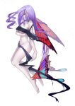  1girl absurdres antenna_hair arm_under_breasts barefoot breasts butterfly_girl butterfly_wings cleavage closed_mouth colored_skin from_side grey_skin highres insect_wings leg_wings long_hair navel original purple_hair shadow solo teacup_(teacup1031) underboob wings yellow_eyes 
