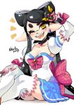  1girl artist_name black_choker black_hair blue_skirt bow bow-shaped_hair breasts callie_(splatoon) choker collarbone commentary crossed_legs dress eyelashes hirafumi holding holding_microphone inkling large_breasts long_hair long_pointy_ears looking_at_viewer microphone mole mole_under_eye notice_lines one_eye_closed open_mouth pink_bow pleated_skirt pointy_ears simple_background sitting skirt smile solo splatoon_(series) strapless strapless_dress symbol-only_commentary teeth tentacle_hair thick_eyebrows thighhighs very_long_hair white_background white_thighhighs yellow_eyes 