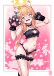  1girl absurdres animal_ear_fluff animal_ear_legwear animal_ears animal_hands bell black_bra black_gloves black_panties blue_archive blue_eyes blush bra breasts cat_cutout cat_ear_legwear cat_ear_panties cat_ears cat_lingerie cleavage_cutout clothing_cutout frilled_bra frills gloves hands_up highres looking_at_viewer mari_(blue_archive) meme_attire neck_bell panties paw_gloves paw_pose seabread small_breasts solo stomach thigh_strap underwear underwear_only 