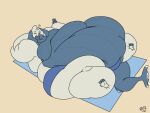 2018 3_toes 4:3 4_fingers anthro bar_emanata barefoot batspid2 beach_towel belly big_belly biped black_eyebrows blep blue_body blue_bottomwear blue_clothing blue_nose blue_skin bottomwear canid canine canis cetacean clothed clothing digital_drawing_(artwork) digital_media_(artwork) domestic_dog double_chin emanata eyebrows feet fingers flabby_arms flat_colors floppy_ears full-length_portrait fupa gesture glistening glistening_eyes green_eyes grey_body grey_skin hand_behind_back hand_gesture huge_belly huge_thighs hybrid hyper hyper_belly hyper_hips hyper_thighs looking_at_viewer lop_ears love_handles lying male mammal marine moobs morbidly_obese morbidly_obese_anthro morbidly_obese_male multicolored_body multicolored_skin obese obese_anthro obese_male on_back one_eye_closed overweight overweight_anthro overweight_male pink_tongue portrait signature soles solo swimming_trunks swimwear tail thick_thighs toes tongue tongue_out topless towel two_tone_body two_tone_skin v_sign whale_tail wink