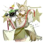  1girl animal_ear_fluff animal_ears arknights bare_shoulders beanstalk_(arknights) beanstalk_(gift_uncompleted)_(arknights) bell braid brown_hair closed_mouth commentary_request dated green_hairband green_skirt hair_between_eyes hair_ornament hair_over_shoulder hairband hairclip hands_up highres holding holding_ribbon k-yosinori long_hair long_sleeves neck_bell off-shoulder_shirt off_shoulder puffy_long_sleeves puffy_sleeves purple_eyes red_ribbon ribbon shirt signature simple_background single_braid sketch skirt sleeves_past_wrists smile star_(symbol) tail white_background white_shirt 