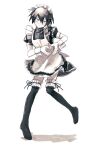  1boy 50k_v3 alternate_costume apron bangs black_hair black_thighhighs blush crossdressing danganronpa_(series) danganronpa_v3:_killing_harmony dress enmaided frills full_body grey_background heart heart_hands highres looking_at_viewer maid maid_headdress male_focus parted_lips saihara_shuuichi short_hair simple_background solo striped striped_dress teeth thighhighs white_apron 