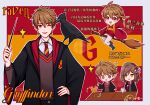  1boy 1girl :d ;d bird black_coat border broom brown_eyes brown_hair brown_vest chibi coat crow cup drinking_glass english_text full_body grey_border gryffindor hand_on_own_hip harry_potter_(series) highres hogwarts_school_uniform holding holding_broom holding_wand lsy0416 luke_pearce_(tears_of_themis) multiple_views necktie one_eye_closed red_background red_necktie rosa_(tears_of_themis) school_uniform short_hair smile tears_of_themis two-tone_background vest wand wine_glass wizarding_world yellow_background 