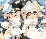  2girls a3_k306021 black_hair blurry blurry_background bow-shaped_hair callie_(splatoon) closed_mouth commentary_request cousins dress earrings eyelashes food food_on_head gloves grey_hair highres hoop_earrings inkling jewelry long_hair looking_at_viewer marie_(splatoon) mole mole_under_eye multiple_girls object_on_head official_alternate_costume open_mouth pantyhose pointy_ears scarf short_hair smile snowflakes splatoon_(series) splatoon_3 standing star-shaped_pupils star_(symbol) sushi symbol-shaped_pupils teeth tentacle_hair thick_eyebrows white_dress white_gloves white_scarf 