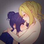  2girls alternate_hairstyle blonde_hair blush breasts closed_eyes collared_shirt commentary_request drill_hair earrings face_to_breasts facing_another grey_background hair_bun highres hug jewelry looking_at_another love_live! love_live!_sunshine!! matsuura_kanan medium_breasts medium_hair multiple_girls nude nyasa ohara_mari open_clothes open_mouth open_shirt purple_eyes purple_hair purple_shirt shirt sidelocks single_hair_ring twin_drills upper_body yuri 