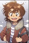  1boy ai-assisted backpack bag brown_eyes brown_hair child coat commentary english_commentary fur-trimmed_coat fur_trim highres irritusruindeiver jacket looking_at_viewer male_focus open_clothes open_jacket original simple_background solo striped_clothes teeth tooth_gap upper_teeth_only 