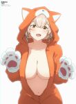  1girl :d absurdres animal_costume animal_hands animal_hood breasts brown_eyes brown_hair cat_costume commentary eijiru gloves grey_background hair_between_eyes highres hood indie_virtual_youtuber large_breasts looking_at_viewer onesie open_mouth paw_gloves revision sanagi_yuzu simple_background smile solo teeth upper_teeth_only virtual_youtuber white_gloves 