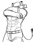 abs anthro biceps bottomwear clothing cougar felid feline fur hair hi_res looking_at_viewer male mammal monochrome muscular muscular_anthro muscular_male nipples northwoooof pants pecs regnar_(northwooof) scar shirt simple_background solo tail topwear undressing