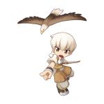  1boy bird boots bow_(weapon) brown_eyes brown_footwear brown_shirt brown_shorts chibi cropped_jacket eagle full_body grey_pants holding holding_bow_(weapon) holding_weapon hunter_(ragnarok_online) jacket male_focus medium_bangs official_art open_mouth pants pants_under_shorts pointing ragnarok_online shirt short_hair short_sleeves shorts simple_background solo standing tachi-e transparent_background v-shaped_eyebrows weapon white_hair white_jacket wristband yuichirou 