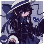  1girl :&lt; alternate_color bags_under_eyes black_hair blue_eyes blue_ribbon blue_skirt checkered_background collar frilled_collar frilled_sleeves frills hat hat_ribbon highres jitome komeiji_koishi long_hair looking_at_viewer ribbon skirt third_eye touhou zunusama 