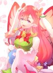  1girl :d animal_ears bare_shoulders easter egg fairy fairy_wings fake_animal_ears fire_emblem fire_emblem_heroes green_skirt mirabilis_(fire_emblem) mirabilis_(spring)_(fire_emblem) official_alternate_costume open_mouth pink_hair pointy_ears purple_eyes rabbit rabbit_ears riou_(pooh920) skirt sleeves_past_fingers sleeves_past_wrists smile solo very_long_sleeves wings 