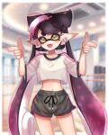  1girl black_hair black_shorts blurry blurry_background border bow-shaped_hair callie_(splatoon) commentary_request crop_top cropped_shirt double_finger_gun earrings eyelashes finger_gun food food_on_head highres hoop_earrings inkling jewelry long_hair looking_at_viewer navel object_on_head oniku_(onikuoekaki) open_mouth outside_border pink_hair pointy_ears shirt shorts smile solo splatoon_(series) standing star-shaped_pupils star_(symbol) sushi symbol-shaped_pupils teeth tentacle_hair thick_eyebrows upper_teeth_only very_long_hair white_border white_shirt yellow_eyes 