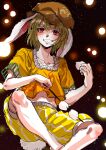  1girl absurdres animal_ears blonde_hair brown_headwear cabbie_hat collarbone dango feet_out_of_frame flat_cap floppy_ears food grin hat highres kuya_(hey36253625) midriff navel orange_shirt rabbit_ears rabbit_tail red_eyes ringo_(touhou) shirt short_hair short_sleeves shorts smile solo square_neckline striped_clothes striped_shorts tail touhou upper_body vertical-striped_clothes vertical-striped_shorts wagashi white_tail yellow_shorts 