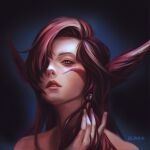  1girl bangs bare_shoulders black_background gradient gradient_background hair_over_one_eye highres league_of_legends linp_(chenni_shenlin) long_hair looking_at_viewer portrait red_hair red_lips shiny shiny_hair solo teeth translation_request xayah 