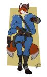 2_tails 4_arms 4_pecs 4_toes absurd_res anthro belt belt_pouch bethesda_softworks blue_eyes brown_hair canid canine chipfox clothing fallout feet foot_wraps fox freckles_(artist) gun hair handgun hi_res jumpsuit leg_warmers legwear looking_at_watch male mammal multi_arm multi_limb multi_pecs multi_tail pecs ranged_weapon red_fox rifle rifle_scope rifle_sling signature simple_background solo tail toes true_fox weapon wraps