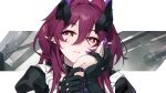  1girl apron arknights ascalon_(arknights) black-gloves close-up collar fingernails gloves hair_between_eyes hair_intakes hand_grab hand_on_another&#039;s_face horns long_hair long_wuxian looking_at_viewer maid maid_apron out_of_frame parted_lips pointy_ears portrait purple_eyes purple_hair sharp_fingernails sweatdrop upper_body 