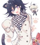  2boys ahoge android animal_ears animal_hands arm_belt artist_name bad_id bad_twitter_id bell belt black_scarf black_tank_top blue_eyes bow buttons cat_ears cat_tail chain checkered_clothes checkered_scarf chibi commentary_request dalrye_v3 danganronpa_(series) danganronpa_v3:_killing_harmony double-breasted gloves hair_between_eyes head_tilt jacket k1-b0 kemonomimi_mode korean_commentary light_blush long_sleeves looking_at_viewer male_focus multicolored_background multiple_boys oma_kokichi open_mouth paw_gloves paw_pose paw_print purple_eyes purple_hair red_bow scarf short_hair simple_background smile solo_focus sweatdrop tail tail_bell tail_bow tail_ornament tank_top two-tone_scarf v-shaped_eyebrows wavy_mouth white_background white_belt white_gloves white_hair white_jacket white_scarf white_sleeves 
