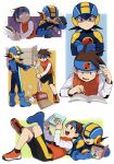  2boys ayla_kazemi bass_(mega_man) blue_bodysuit blue_footwear blue_headband blue_helmet bodysuit book boots broom brown_eyes brown_hair crossed_arms fingernails green_eyes headband helmet highres holding holding_book holding_broom holding_pencil lan_hikari_(mega_man) legs long_sleeves male_focus mega_man_(character) mega_man_(series) mega_man_battle_network_(series) megaman.exe multiple_boys orange_footwear orange_vest pencil plate shoes short_hair shorts simple_background smile spiked_hair surprised sweatdrop teeth upper_teeth_only vest white_background 