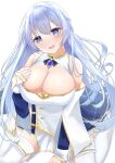  1girl :d absurdres arm_support azur_lane blue_cape blue_eyes blue_gemstone blue_hair braid breasts brooch buttons cape cleavage collared_dress detached_sleeves dot_nose dress floating_hair from_above gem gold_trim hair_between_eyes hair_intakes half_updo hand_on_own_chest head_tilt highres jewelry large_breasts light_blue_hair light_blush long_hair looking_at_viewer rodney_(azur_lane) short_dress simple_background sitting sleeve_cuffs sleeveless sleeveless_dress smile thighhighs tsuri_pi wariza white_background white_dress white_thighhighs 