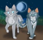 2010 ambiguous_gender blind blue_eyes detailed_background digital_drawing_(artwork) digital_media_(artwork) disability domestic_cat duo felid feline felis female_(lore) feral fluffy frown fur graystripe64 grey_body grey_fur jayfeather_(warriors) looking_at_another male_(lore) mammal moon night outside paws quadruped sky smile standing tabby_cat tail walking warriors_(book_series) willowshine_(warriors)