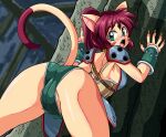  1girl against_tree animal_ears armor ass bracer breastplate brown_hair brown_shirt cameltoe cat_ears cat_girl cat_tail claws facial_mark fang forehead_jewel forest from_behind green_eyes green_shorts highres kanriken kouryuu_densetsu_villgust leaning_forward long_hair looking_back nature open_mouth outdoors ponytail presenting ryuquir_(villgust) shirt short_shorts shorts shoulder_armor solo tail thighs tree 