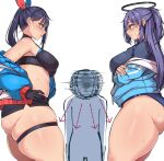  1boy 1girl 2girls black_hair black_shirt blue_archive blue_buruma blue_jacket breasts buruma gridman_universe gym_uniform halo highres jacket long_hair mechanical_halo multiple_girls muyoshito official_alternate_costume ponytail purple_eyes purple_hair sensei_(blue_archive) shirt ssss.gridman sticker_on_face sweat takarada_rikka thick_thighs thighs track_jacket yuuka_(blue_archive) yuuka_(track)_(blue_archive) 