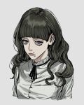  1girl amikoiiko black_hair buttons cropped_shoulders fear_&amp;_hunger fear_&amp;_hunger_2:_termina frilled_shirt_collar frills highres long_hair marina_(fear_&amp;_hunger) mouth_piercing ribbon shirt simple_background white_background white_shirt 