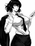  1girl formal fubuki_(one-punch_man) holding holding_clothes holding_jacket jacket medium_hair miss_faves monochrome necktie one-punch_man parted_lips shirt solo standing suit 