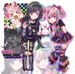  2000s_(style) 2girls absurdres akemi_homura animal_print black_choker black_footwear black_hair black_hairband black_pantyhose black_shirt boots bow choker colored_tips domo-kun fingerless_gloves fishnet_pantyhose fishnets food gloomy_bear gloves hair_bow hairband highres kuro_miumu kyubey layered_sleeves leaning_forward leopard_print long_hair long_sleeves looking_at_viewer mahou_shoujo_madoka_magica mahou_shoujo_madoka_magica_(anime) multicolored_hair multiple_girls my_chemical_romance open_mouth pantyhose pink_eyes pink_gloves pink_hair pink_skirt plaid plaid_skirt print_hair purple_eyes rainbow ripped_jeans shirt short_over_long_sleeves short_sleeves simple_background skirt smile spiked_choker spikes striped_clothes striped_gloves striped_hair striped_thighhighs thighhighs twintails very_long_hair waffle white_background 