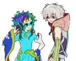  1boy 1other androgynous black_hair blue_eyes blue_hair dress facepaint facial_mark feathers forehead_mark gnosia green_eyes green_hair headphones hood long_hair long_sleeves multicolored_hair other_focus raqio remnan_(gnosia) simple_background streaked_hair tattoo toyama96 upper_body 