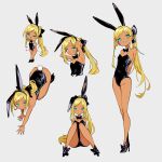  1girl ;d all_fours anderson_m0311 animal_ear_hairband animal_ears aqua_eyes ass bare_legs bare_shoulders black_bow black_bowtie black_footwear black_leotard blonde_hair blush bow bowtie cropped_torso dark-skinned_female dark_skin detached_collar fake_animal_ears fake_tail flat_chest full_body groin hairband high_heels highres idolmaster idolmaster_cinderella_girls layla_(idolmaster) leotard looking_ahead looking_at_viewer multiple_views one_eye_closed oversized_breast_cup playboy_bunny ponytail rabbit_ear_hairband rabbit_ears rabbit_tail simple_background sitting smile standing strapless strapless_leotard sweatdrop tail 
